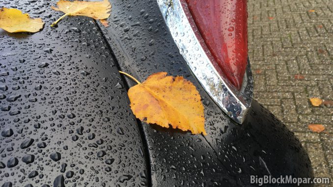 Autumn leaves on rear fender trunk of a black 1960 Chrysler NewYorker